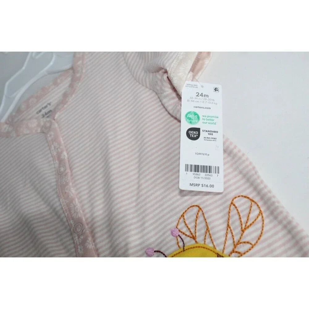 Carters Baby Girls Size 24 Months Cotton Pink Stripped Baby Bee Snap-Up Romper‎